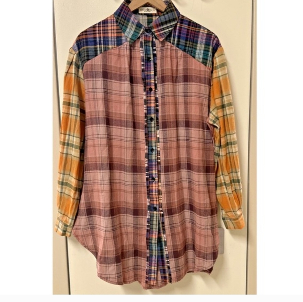 Anthropologie/upcycled flannel shirt Natural Life Shacket L XL Womens